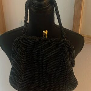 Vintage 1940-1950s black corde bead bag with gold hardware
